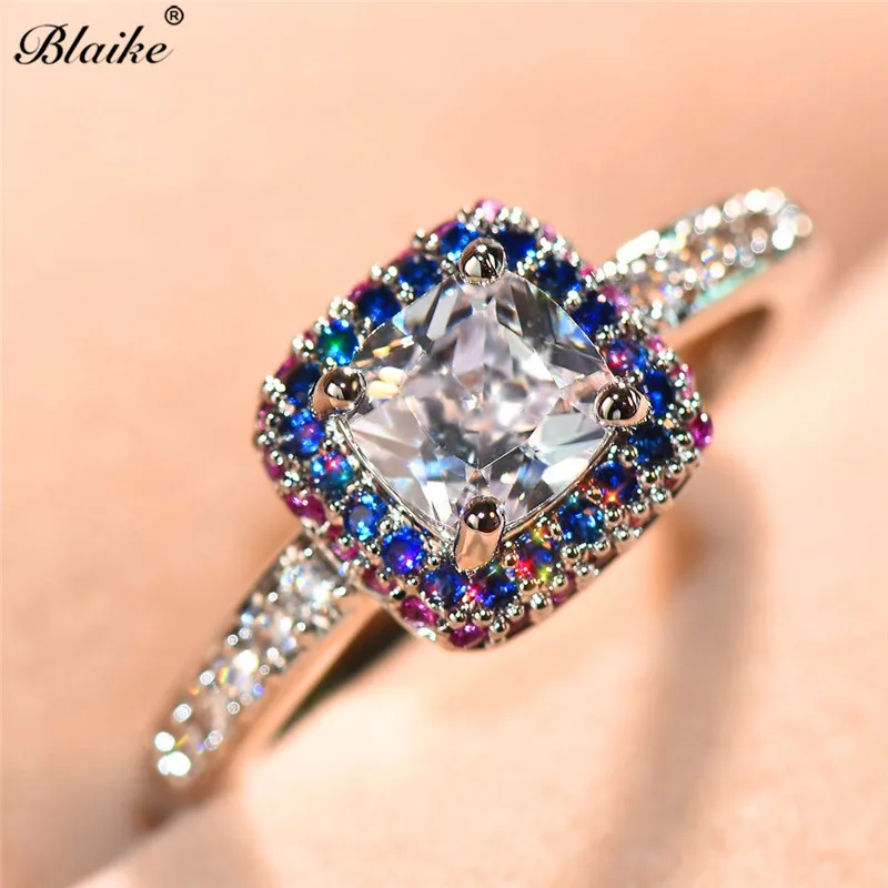 White Zircon Blaike 0.8ct AAA циркон квадратный камень кольца для женщин 925 серебро Розовый Синий Кристалл Женское Обручальное кольцо Свадебные украшения - Цвет основного камня: White Zircon
