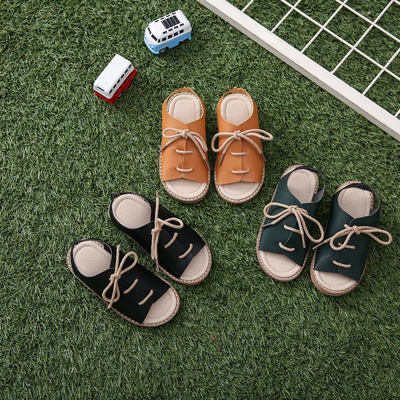 

Kids Genuine Leather Sandals For Boys Girls Soft Leather Summer New Children Open Toe Lace-up Beach Shoes Baby Toddler Sandals