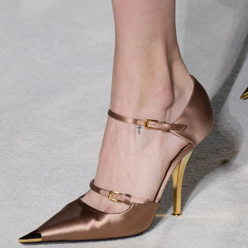 

Gold Metal Pointed Toe Hollow Out Cover Heel Runway Pump Women Summer Thin Heels Party Wedding Plus Size Gladiator Sandals Women