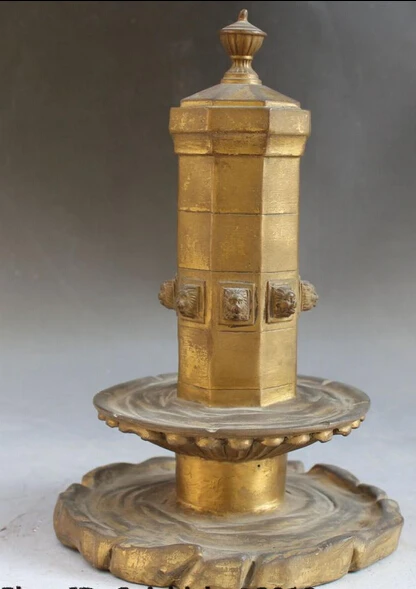 

007823 11"Tibet Buddhism Temple Bronze Foo Fu Dog Guardion Lion Head Stupa Tower Statue