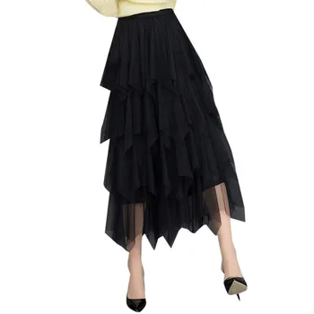 

Women irregular Tulle Skirts Fashion Elastic High Waist Mesh Tutu Skirt Pleated Long Skirts Midi Skirt Saias Faldas Jupe Femmle