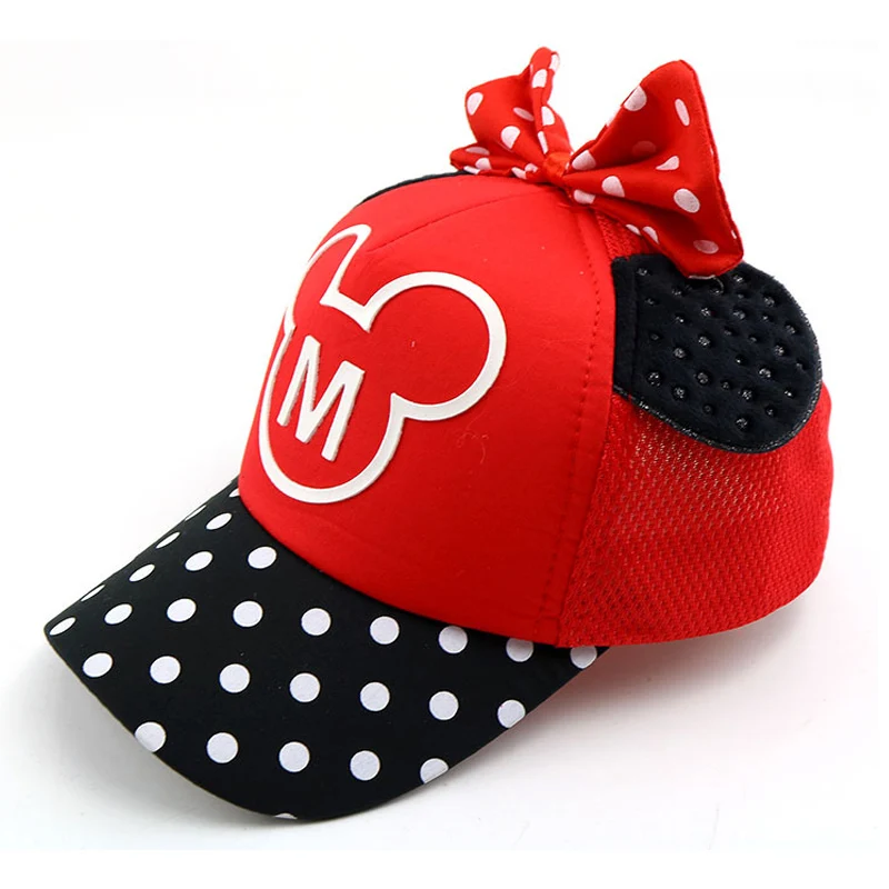 Шляпка для Девочки уши Микки бант узел дети Snapback мальчик демисезонная бейсболка Beanie ведро Кепка s Осень Дети мальчики девочки шляпа от солнца - Цвет: mesh red M