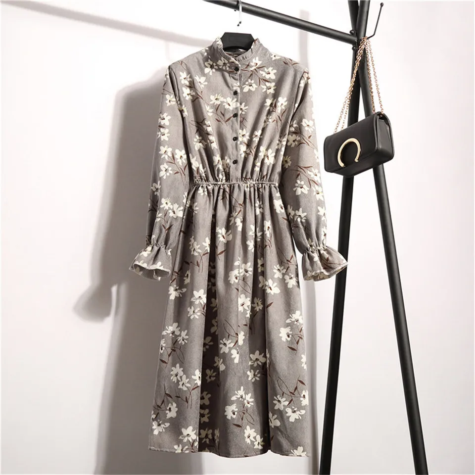 Женское вельветовое платье на весну-осень, винтажное платье с длинным рукавом и цветочным принтом, женское праздничное платье с высокой эластичной талией Vestidos