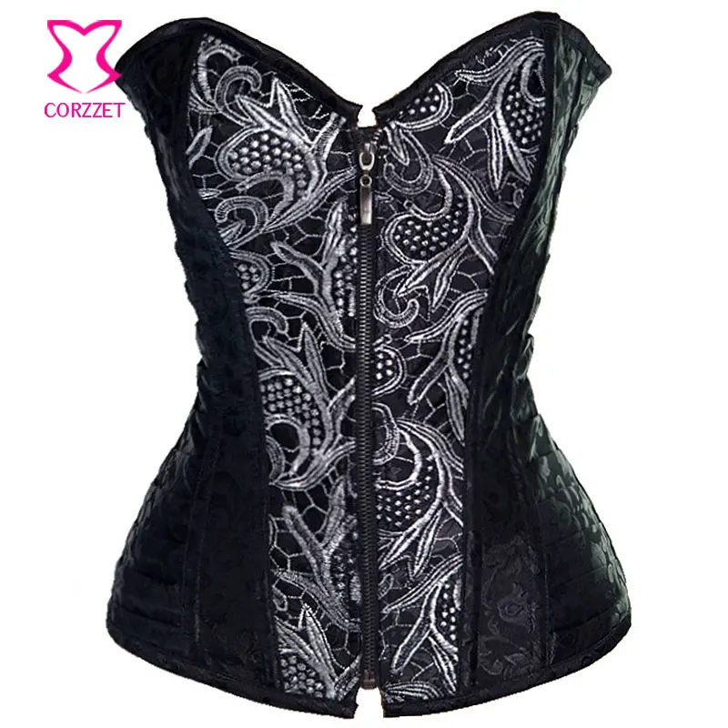 

Black Brocade Embroidery Zipper Espartilho Sexy Overbust Corset Steampunk Gothic Steel Boned Corsets Plus Size Women Clothing