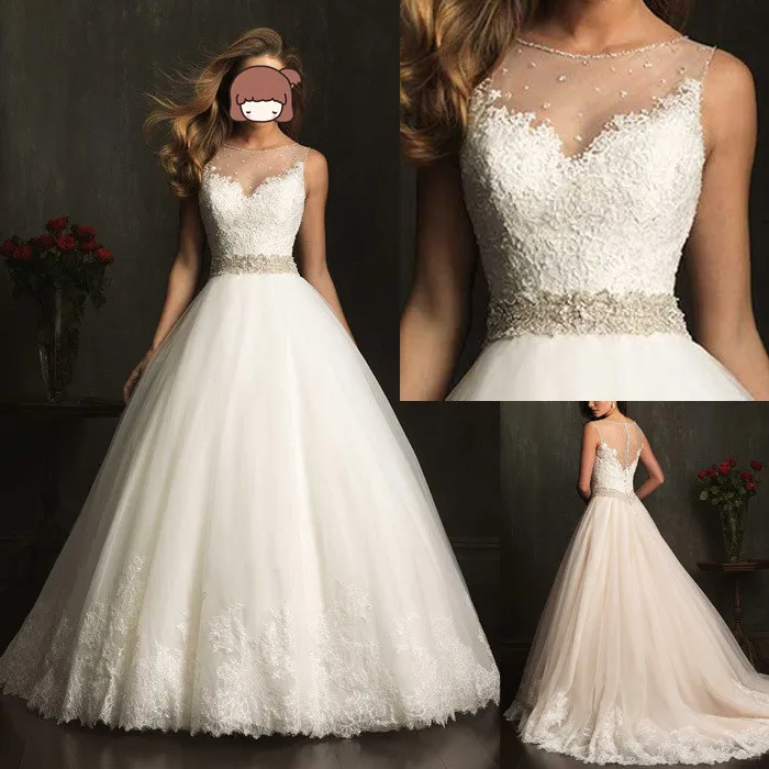 

2014 New Fashion Modest Elegant Bridal A-line Appliqued Soft Tulle Custom Made Wedding Dress With Crystal 9079