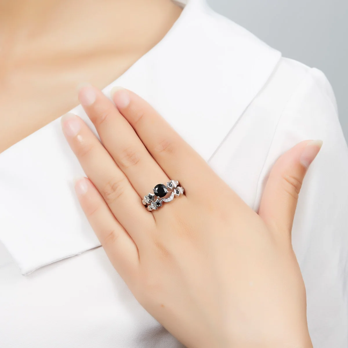 

Hutang Double Ring Natural Black Spinel Solid 925 Sterling Silver Ring Sets for Women Wedding Best Gift 2017 New Arrival