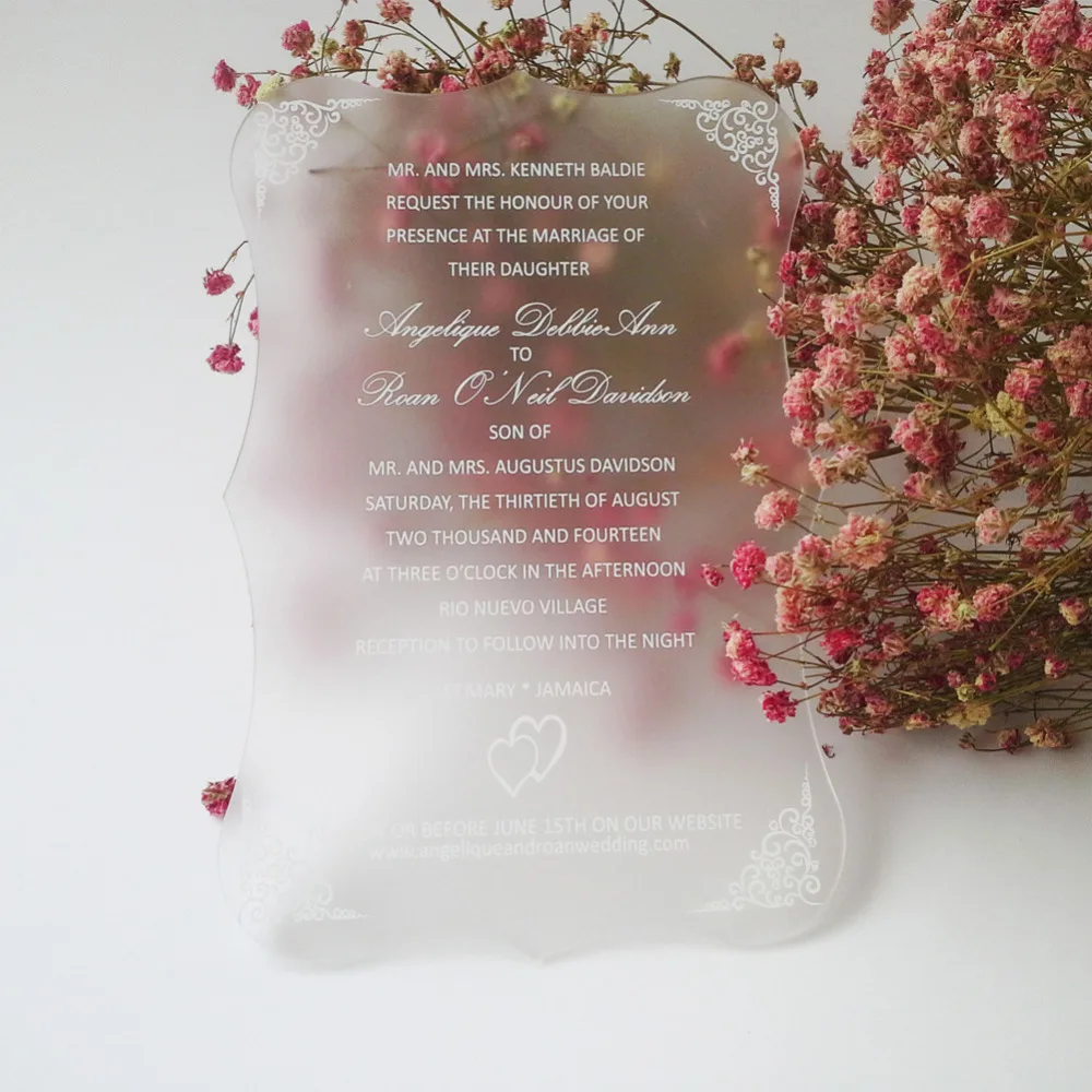  Customized 100pcs per lot 5*7inch Frosted scroll shape acrylic wedding invitation card - 32439834434