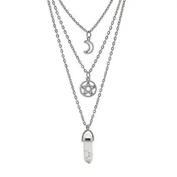 

Boho Multi Layered Necklace For Women Hexagonal Bullet Reiki Natural Stone Gothic Supernatural Pentagram Moon Necklace Pendant