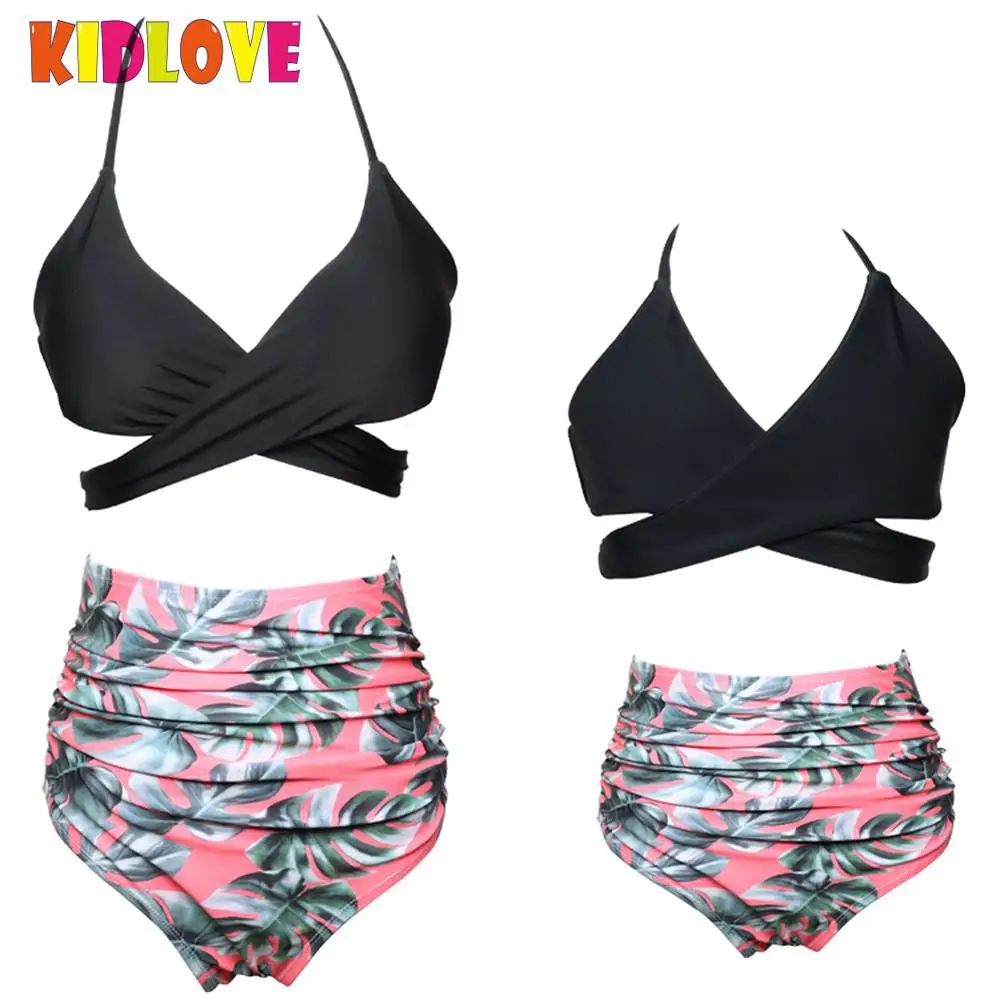 KIDLOVE Parent-child Swimwear Sling Bra High-waisted Shorts Bikini Set Bathing Suit Beach Wear Mother and Girls Swimming Clothes | Мать и
