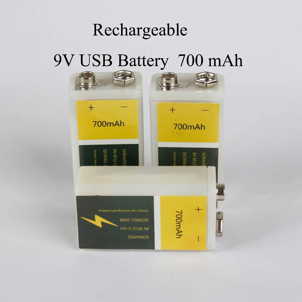 

SORAVESS Rechargeable 6F22 Li ion 9V Usb Battery 700mAh Lithium Ion Li-ion Cell For wireless Microphone Guitar EQ smoke Alarm