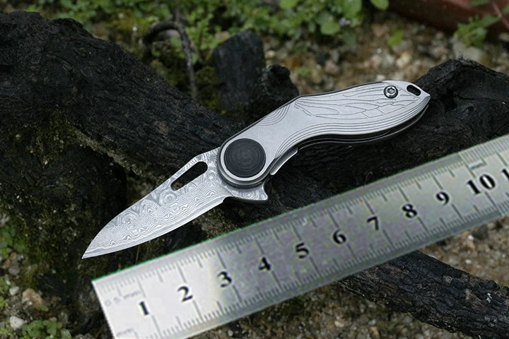 

Damascus mini Portable Knife carbon fiber TC4 titanium pocket folding knives ring Keychain knife gift resuce utility EDC tools