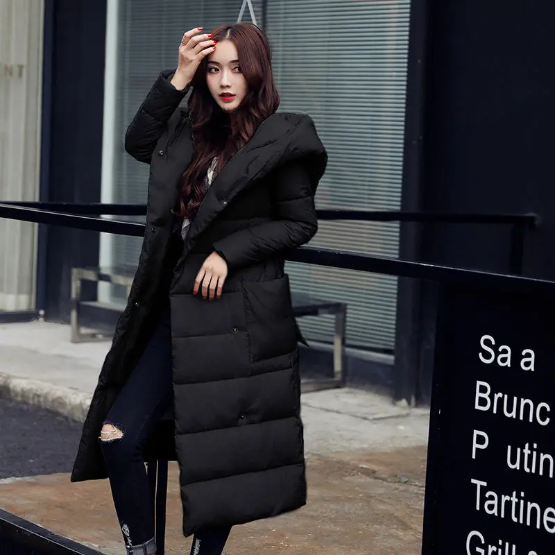 Новое поступление, зимняя женская куртка, модное пальто с капюшоном, с поясом, длинное, до колена, теплая, стильная женская куртка, Jaqueta Feminina ST311 - Цвет: Black