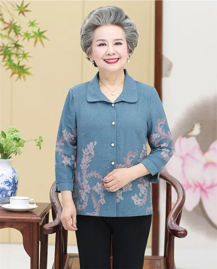 Женские блузки для пожилых женщин, Осенние Топы для пожилых мам, рубашка с длинным рукавом и принтом, весенний кардиган, пальто размера плюс 5XL W707 - Цвет: Lake Blue