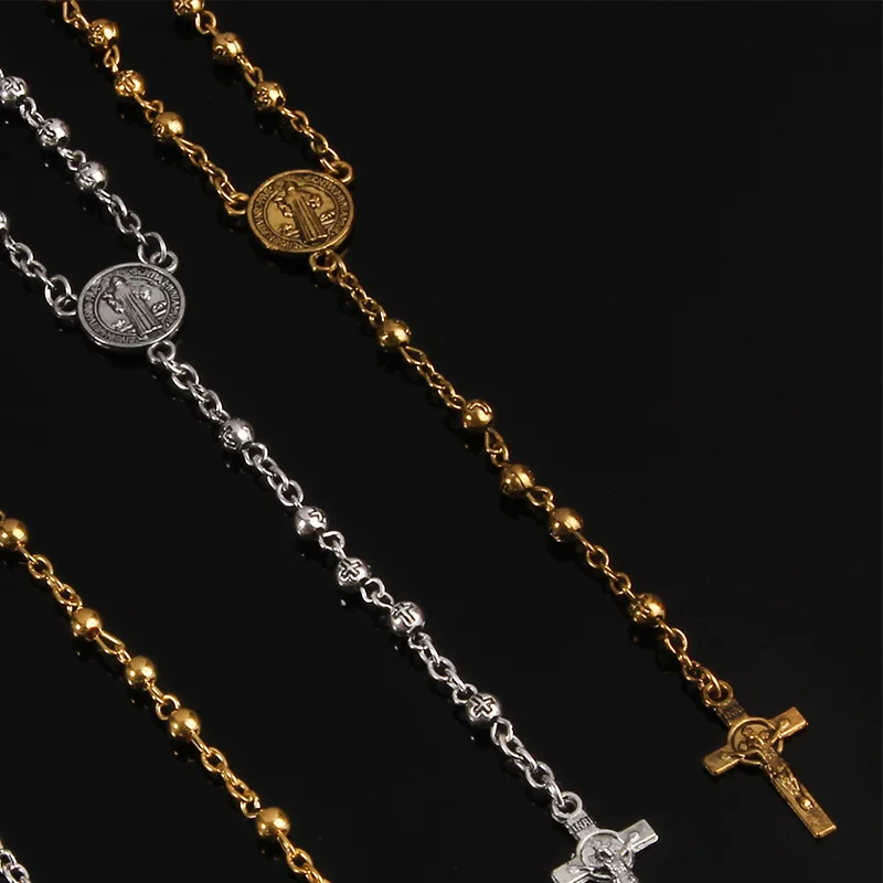 

Catholic rosary 4mm stainless steel rosary necklace, Christ Jesus cross rosary long chain.