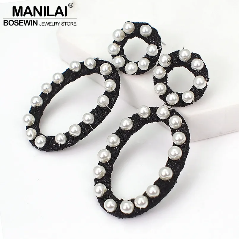 MANILAI Imitation Pearl Dangle Earrings Fashion Silk Thread Wrap Alloy Statement Earrings For Women Charm Jewelry Accessories