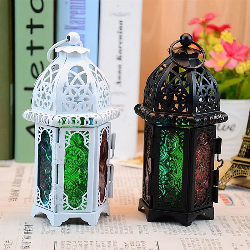 Винтажный металлический полый подсвечник, цветной стеклянный Хрустальный морокканский подсвечник, подвесной фонарь, свадебный Декор для дома