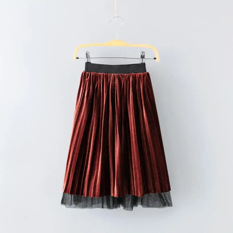 Двусторонняя одежда; Новинка года; детская юбка из бархата и тюля; детская плиссированная юбка; длинные юбки для маленьких девочек Philabeg - Цвет: brown