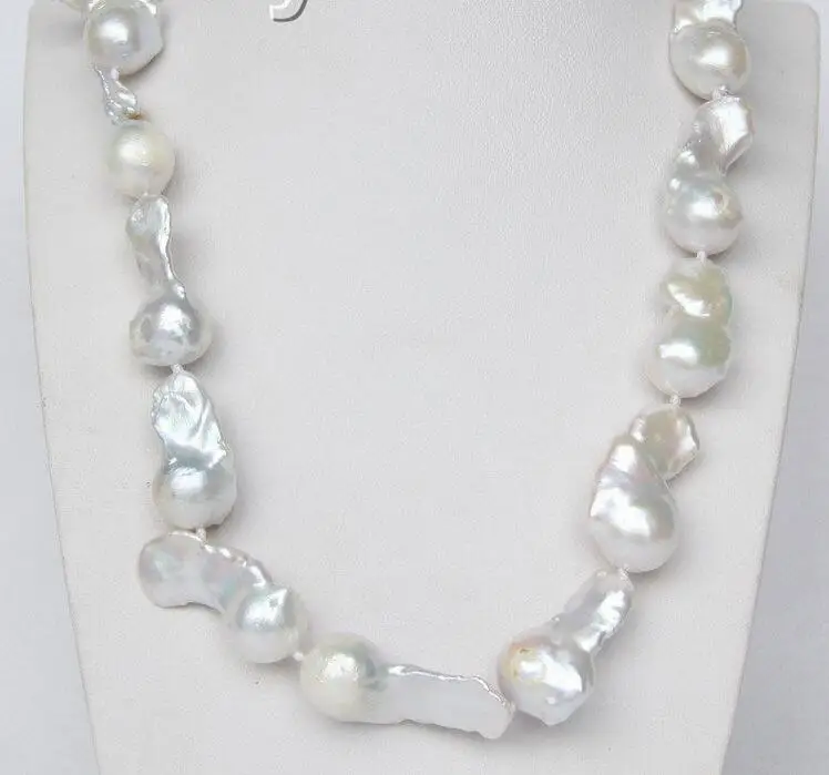 

Free shipping hot sale Women Bridal Wedding Jewelry >>luster 18" 35mm white Reborn keshi pearls necklace 925 silver clasp