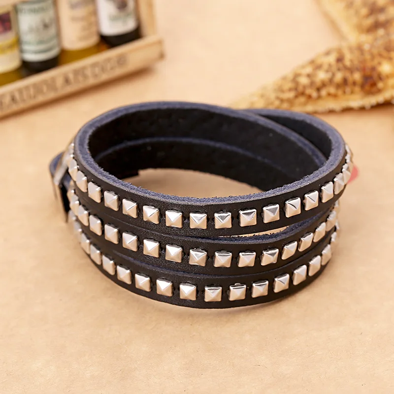 

Boho Gypsy Hippie Hiphop Punk Rock Black Real Leather Square Rivets Buttons Charm Triple Layers Wrap Adjustable Bracelet Bangles