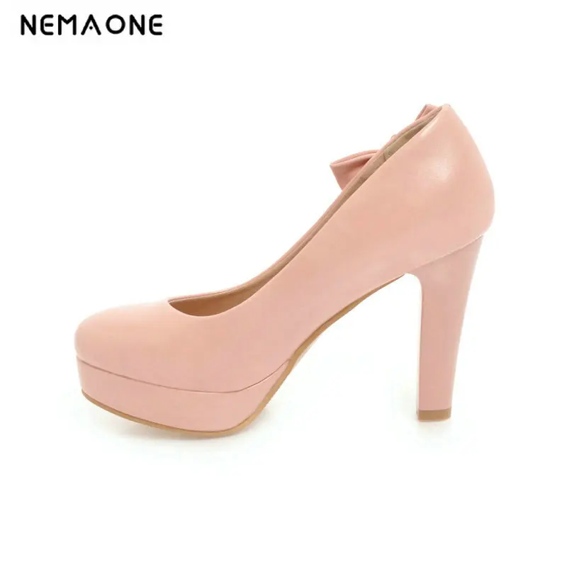 

2019 New Women Pumps Shoes Women PU Leather Shallow Slip-On Round Toe High Heels Wedding Party Shoes Large Size 42 43