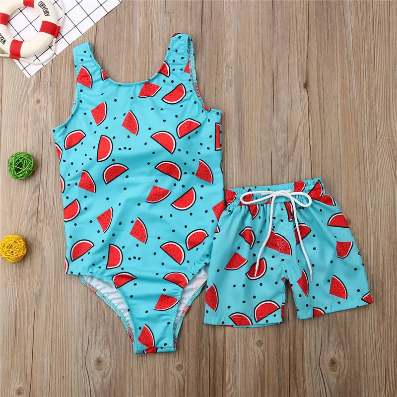 

Family Matching Swimwear Mother Son Outfit Women Monokini Kid Baby Boys Shorts Trunks Watermelon Swimsuit Summer Bathing Suit