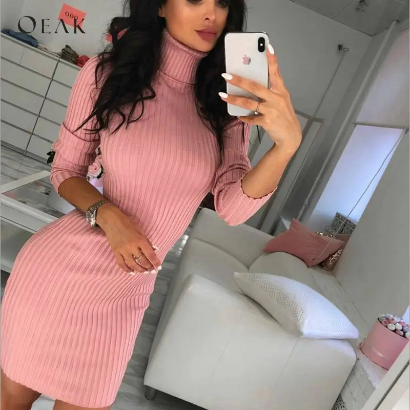 

OEAK 2018 New Autumn Winter Women Knitted Sweater Dress Sexy Bodycon Slim Dress Female Turtleneck Long Sleeve Elegant Mini Dress