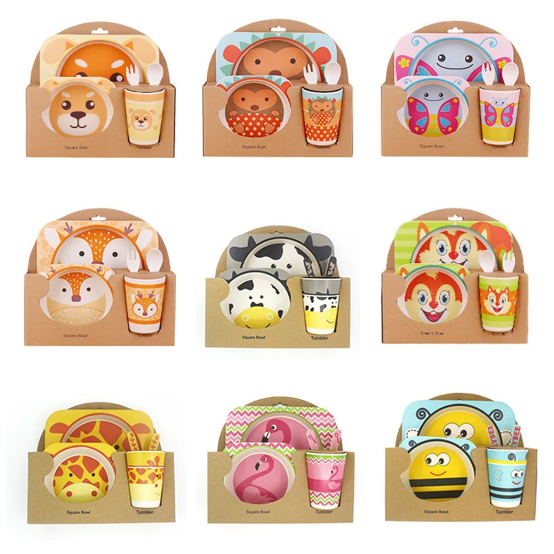 

5 Pcs/set Kids Creative Cartoon Animal Cute Dish Plate Set Bamboo Fiber Baby Safty Tableware Dinner Cup Fork Bowl Dinnerware Set