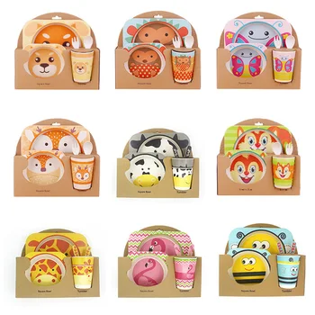 

5 Pcs/set Kids Creative Cartoon Animal Cute Dish Plate Set Bamboo Fiber Baby Safty Tableware Dinner Cup Fork Bowl Dinnerware Set
