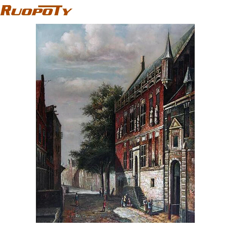 

RUOPOTY Frame Classical Building Diy Painting By Number Europe Abstract Oil Painting Wall Art Canvas Picture For Room Decoration