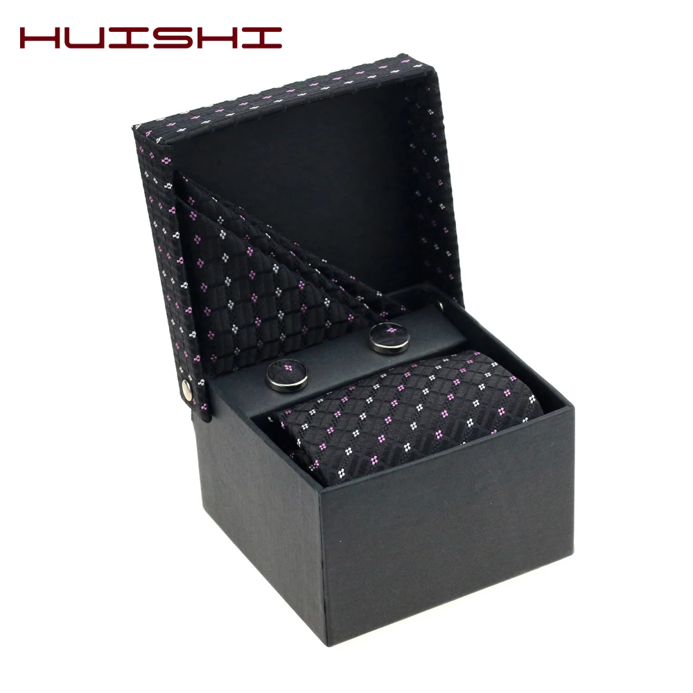 HUISHI новый маленький цветок дизайн черный 9 см галстук карман Прямоугольные Запонки с коробкой для мужчин бизнес Свадебные модные