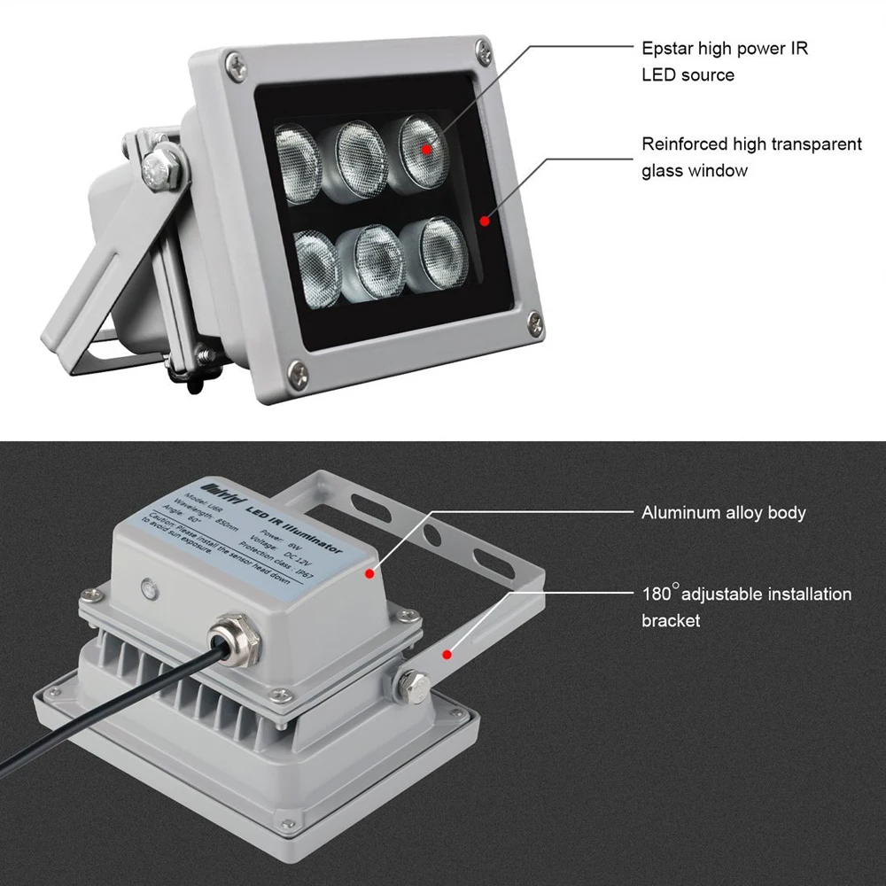 Инфракрасный светильник 6 сильный светодиодный дальность ночного видения 50 м 850nm алюминиевый осветитель лампа для безопасности CCTV ip-камера с 12V2A мощность