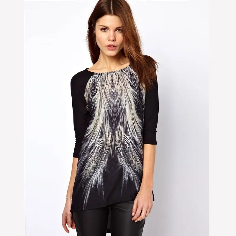 2016 New Hot Fashion Women Round Neck Peacock Tail Printed Back Zip T