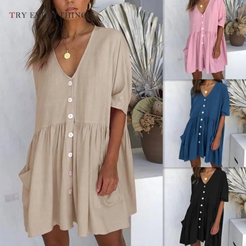 

Loose Casual Dress Women Summer Pockets Pink Boho Beach Dress Ladies Blue Button Short Sleeve Cotton Midi Dresses Summer 2019