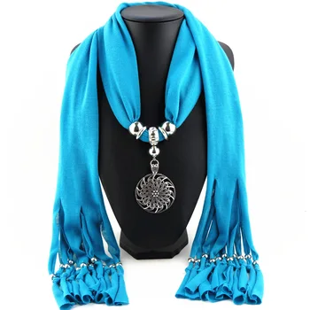 

Autumn Winter Women's Alloy Round Flower Pendant Scarf Women's Shawl Jewelry Polyester Fringe Scarf