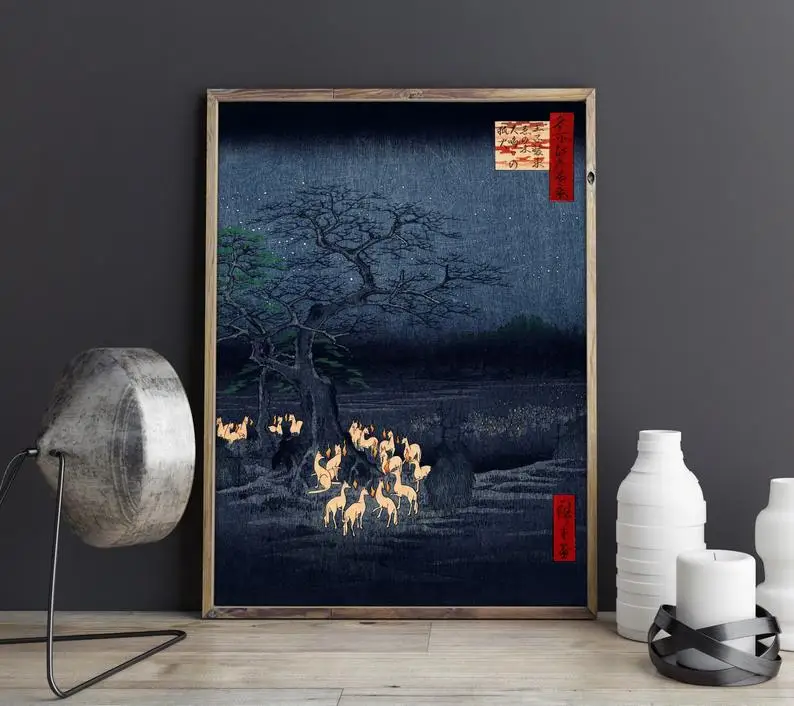 

Japanese Kitsune Fox Woodblock Poster Print, vintage art Canvas Art Print Wall Pictures for Living Room No Frame
