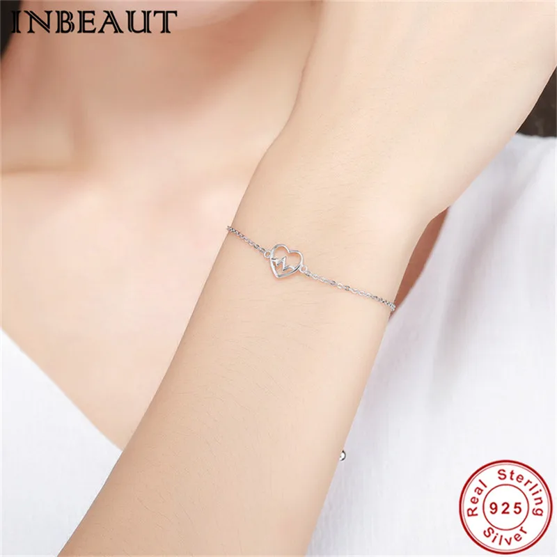 INBEAUT 925 пробы Серебряный Романтическая любовь браслет с сердцебиением Женская мода кольцо обручальное в виде цепи массивные ювелирные изделия для женщин