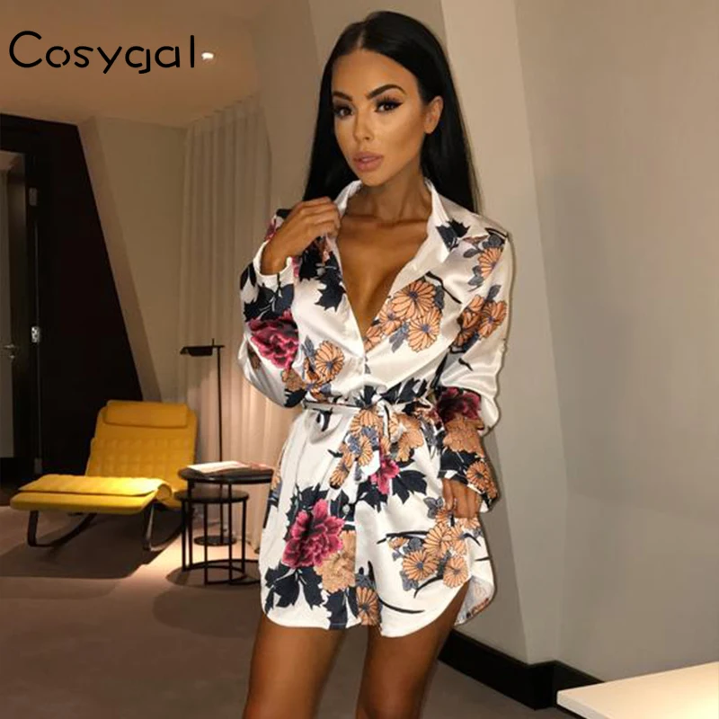 

COSYGAL Sexy Short Dress Women Long Sleeve Club Party Casual Mini Dress 2018 Floral Print Fashion Mini Vestido With Belt