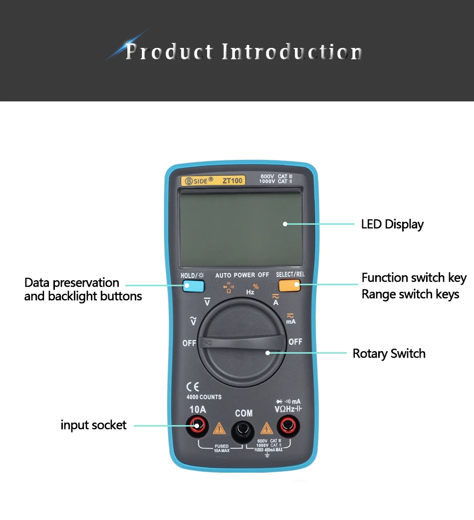 BSIDE ZT100 Цифровой мультиметр 4000 отсчетов задний светильник AC/DC 0.1uA Амперметр Напряжение Вольтметр Ом тестер Частота Диод метр DMM