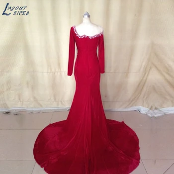 

2017 Designer Single Long Sleeve Velvet Mermaid Evening Dress with Beading Burgundy Sweetheart Chapel Train robe de soiree