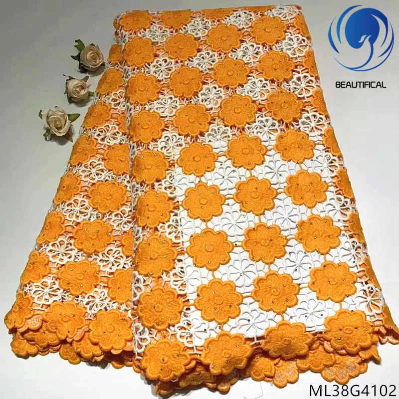 

BEAUTIFICAL guipure cord lace fabrics 2019 high quality orange water soluble lace dress with stones for women 5yards/lot ML38G41