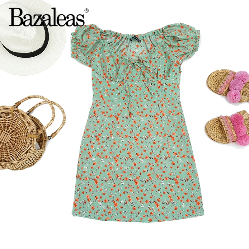 

Bazaleas mini dresses Bustier waisted vestido Casual Flower Print off shoulder summer Dress Vintage Bust Bow
