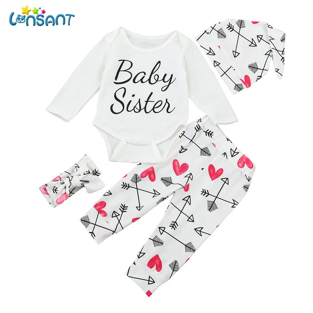 

LONSANT Newborn Kids Baby Girls Outfits Daily Clothes Printing Romper+Pants+Hat+Headband Baby Clothes Warm Set