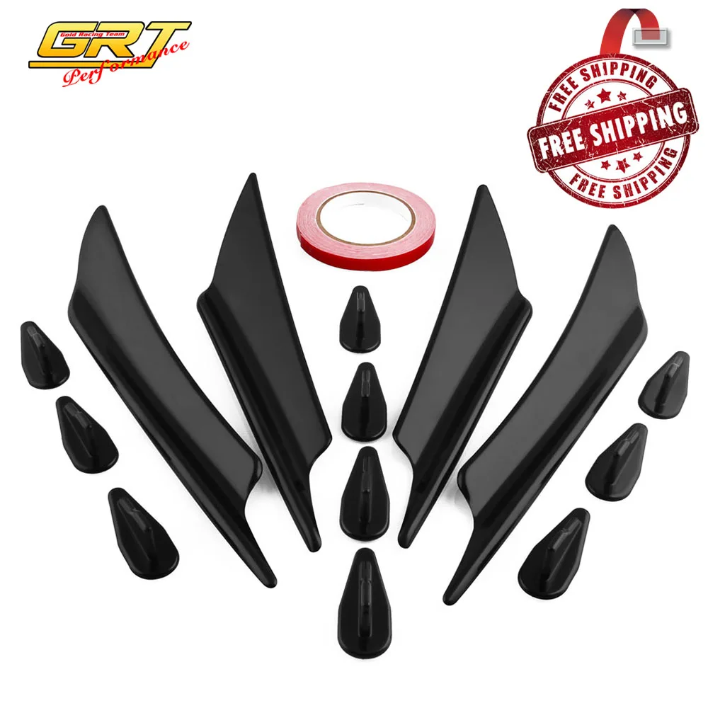 

Plastic Universal 4pcs Front Bumper Lip+10pcs Roof Shark Fins Spoiler Fit Black/Carton Fiber Splitter Wing Body Canards