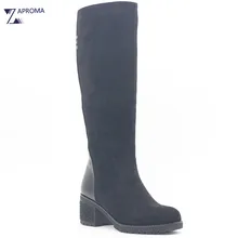 Thick Heel PU Suede Black Women Boots Casual Winter High Heel Short Plush Metal Decoration Knee High Shoe Platform Botines Mujer