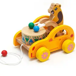 Для ребенка Симпатичные Мультяшные животные каваи деревянные игрушки тянуть автомобиль грузовик Cub медведь Beats Drum Музыкальные Развивающие