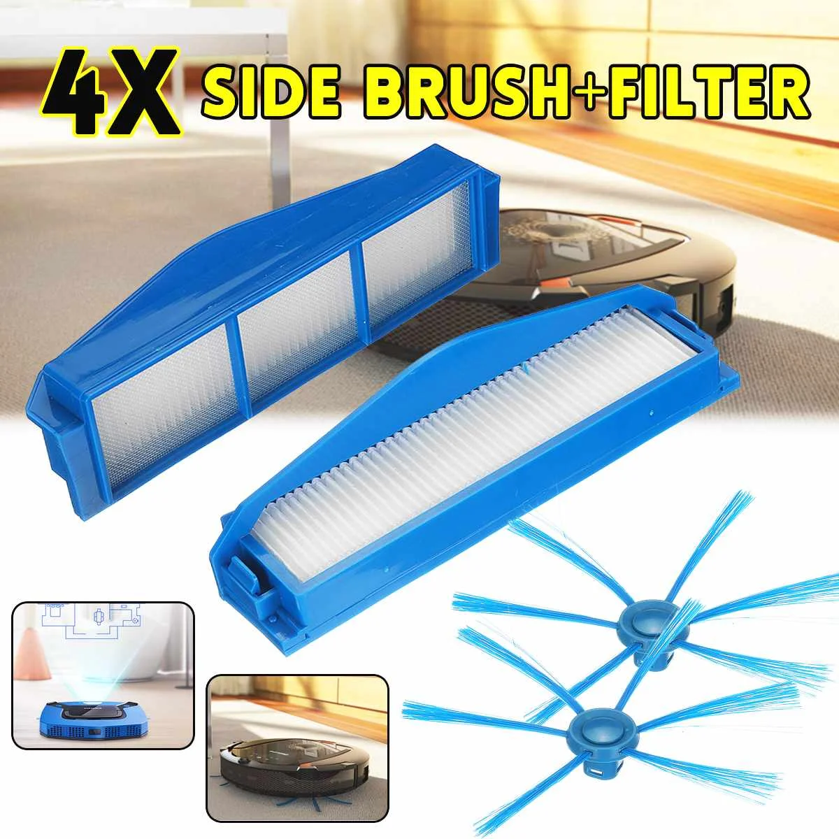 

4X Side Brush+Filter For Philips Robot Vacuum Cleaner FC8792FC8794FC8796