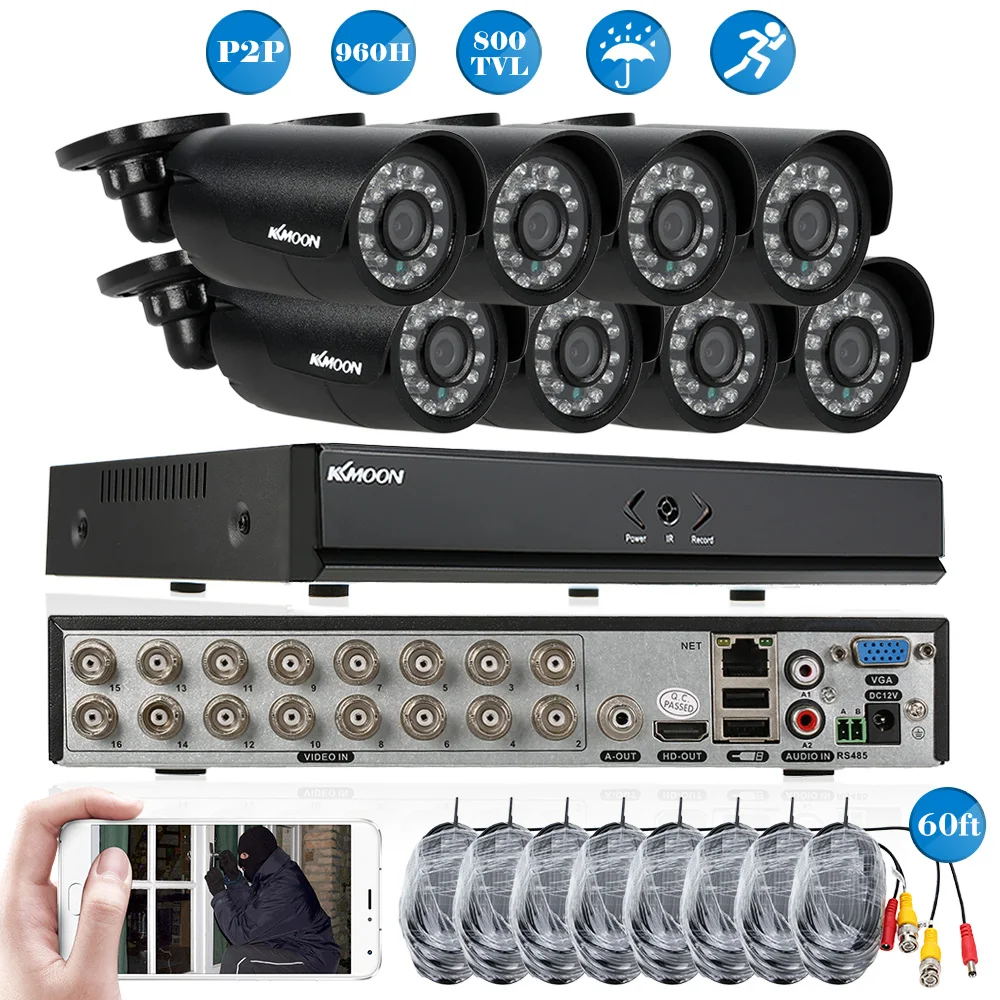 KKMOON, камера видеонаблюдения, система видеонаблюдения, комплект видеонаблюдения 16CH 960H D1, DVR рекордер, 8 шт., 800TVL IR, уличная камера видеонаблюдения с защитой от атмосферных воздействий