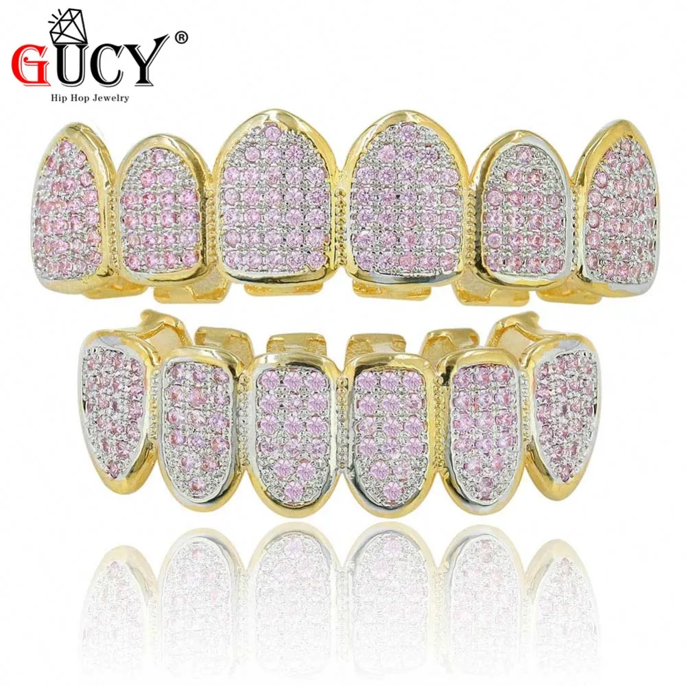 

GUCY Hip Hop Gold Teeth Grillz Micro Pave Pink Cubic Zircon Iced Out Top&Bottom Grills Set Vampire Tooth Caps Mouth Jewelry