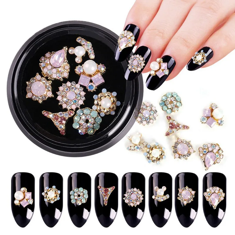 

1 Box Mix 8 different 3d Colorful Nail Art Decorations Metal Beads DIY Gems Crystal Stones Nail Accessories