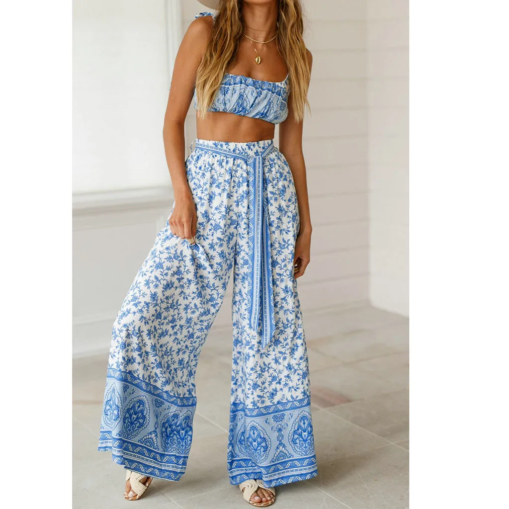 

Summer Print Set Women 2 Pieces Sling Tops And Long Wide Leg Pants Beach Bohemia Sets Beach Bohemia Sets Traje de mujer#G